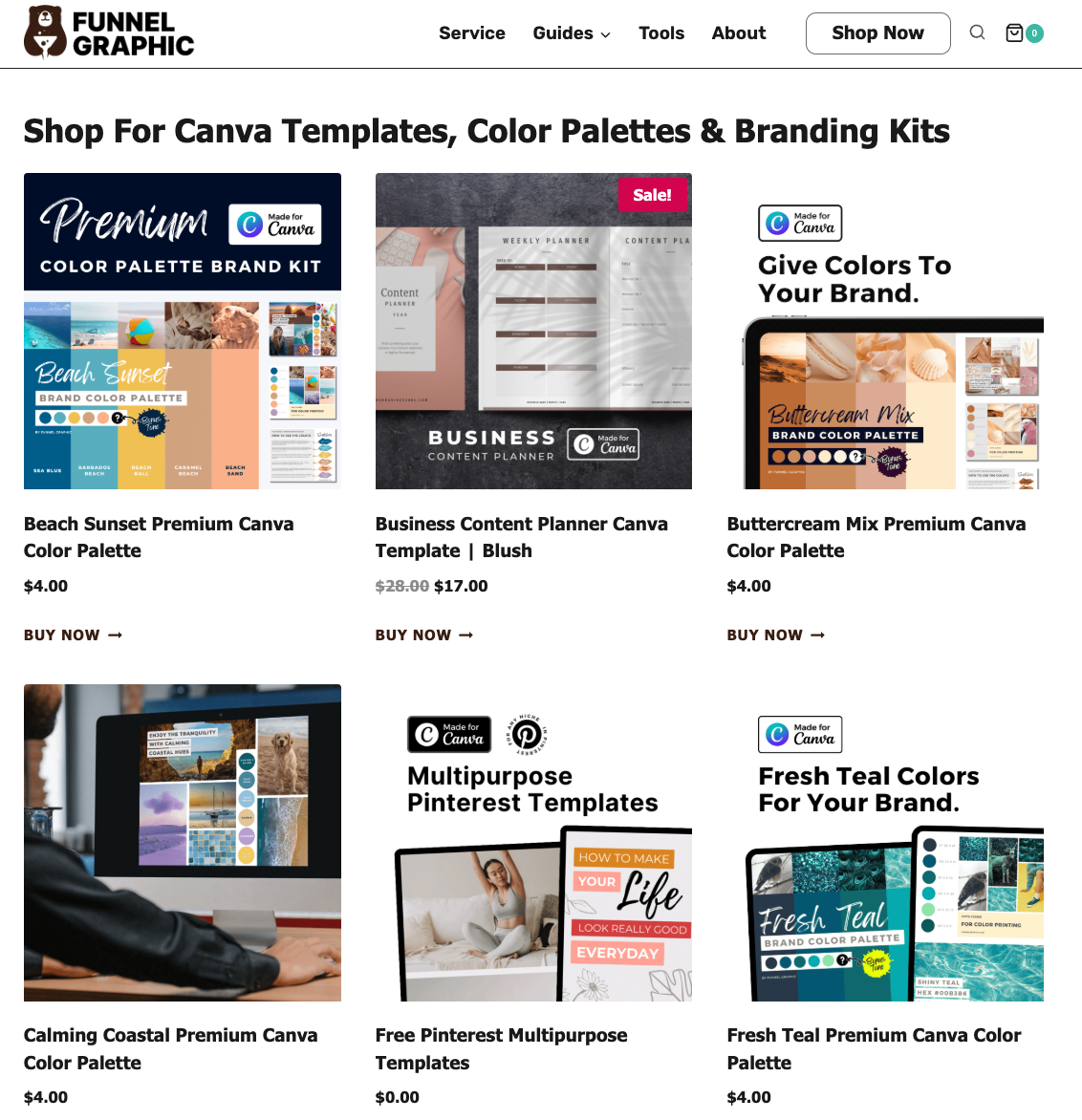 Online store offers Canva templates, color palettes, branding kits. Includes premium and free options for business planning, social media, and design projects.